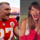 Travis Kelce and Taylor Swift smiles,