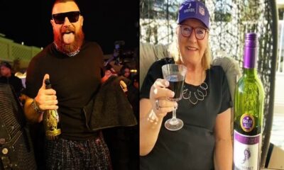Donna Kelce and Travis Kelce drinking in public