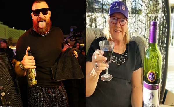 Donna Kelce and Travis Kelce drinking in public