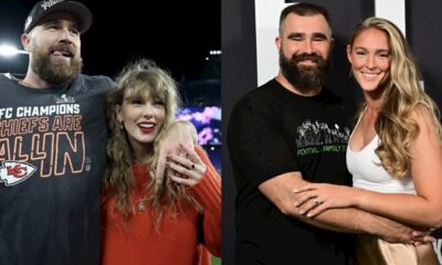 Taylor Swift and kylie kelce with Travis Kelce and Jason Kelce