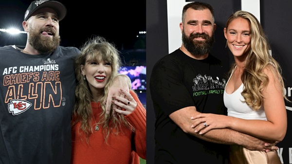 Taylor Swift and kylie kelce with Travis Kelce and Jason Kelce