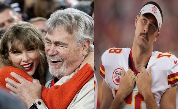 Taylor Swift and Ed Kelce with sad Travis Kelce