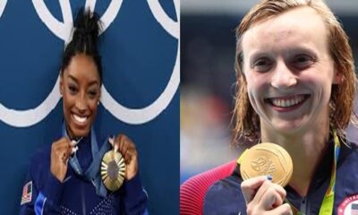 Katie Ledecky and Simone Biles with medal