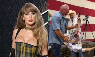 Taylor Swift with elderly man smashing her Guitar